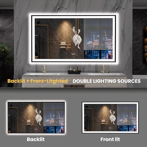 LOAAO 77"X36" LED Bathroom Mirror Black Framed, Anti-Fog, Dimmable, Lighted Bathroom Vanity Mirror for Wall, Memory Function, Tempered Glass