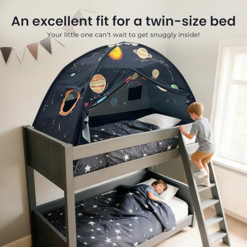 Image of Tiny Land Space Galaxy Bed Tent for Kids, Twin Bed Canopy, 9 Planets | Easy-To-Install, Machine Washable, Fits Twin Beds, Cozy Sleep Space For Imaginative Play