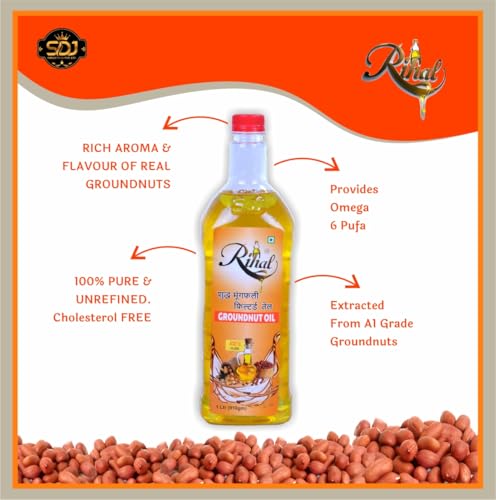 Image of Rihal Pure & Unrefined Cold Pressed Groundnut (Peanut) Oil,Kolhu /Kacchi Ghani /Mara Chekku /Ganuga,Naturally Cholesterol Free,Rich Aroma & Flavour Of Real Groundnuts | 1 Litre