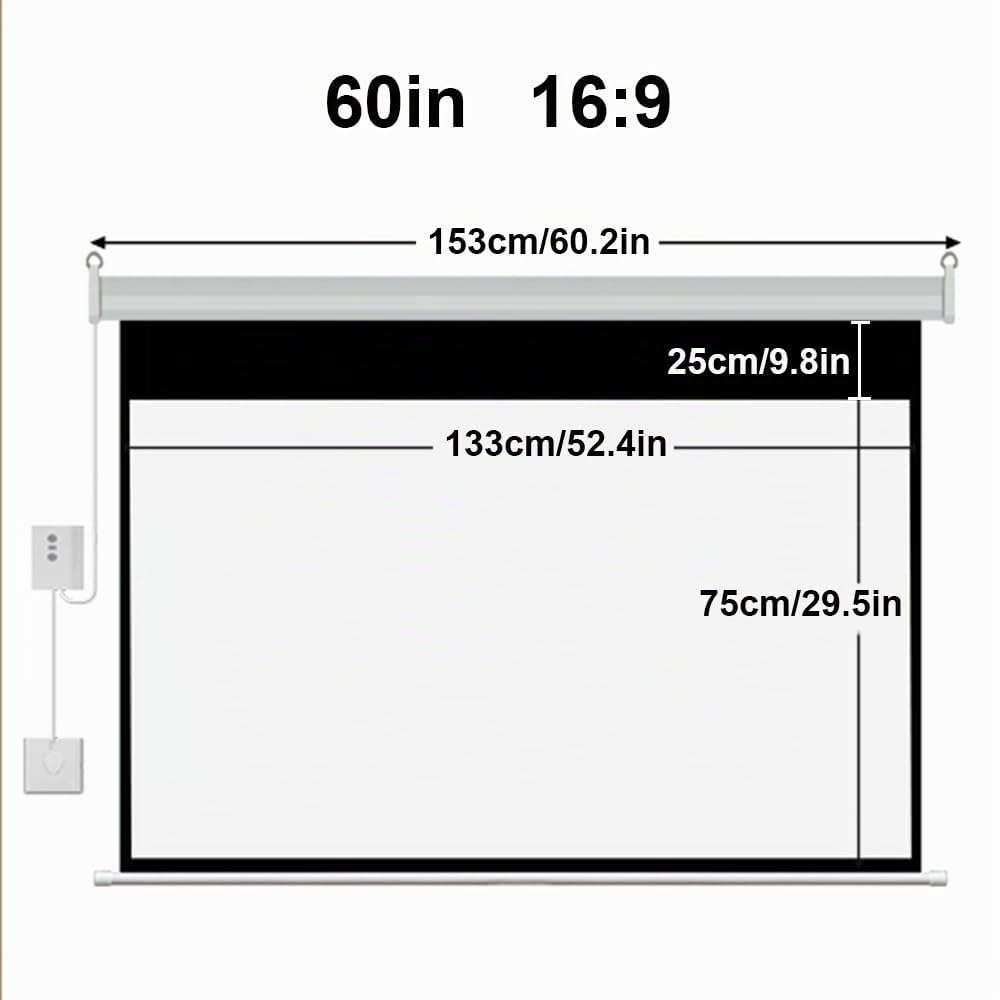 Schermo per proiettore motorizzato 50"/60"/72", Schermo per proiettore Elettrico 16:9 4K, Schermo cinematografico da Parete per Cinema al Chiuso e all'aperto (60 pollici/153 cm)