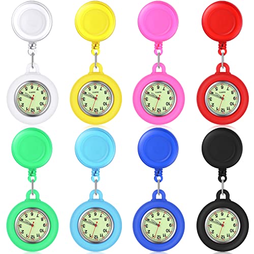 Outus 8 Pieces Retractable Nurse Clip on Badge Watch Silicone Dark Glow Pocket Fob Stethoscope Reel Nurse Watch for CNA Week Gift(Classic)