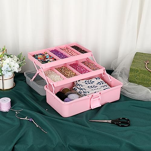 Image of BTSKY 3-Layer Plastic Dividing Storage Box Craft Organizer and Storage | Portable Handled Art Supply Organizer with Adjustable Spacers Multipurpose Home Utility Box for Medicine, Sewing(Pink)