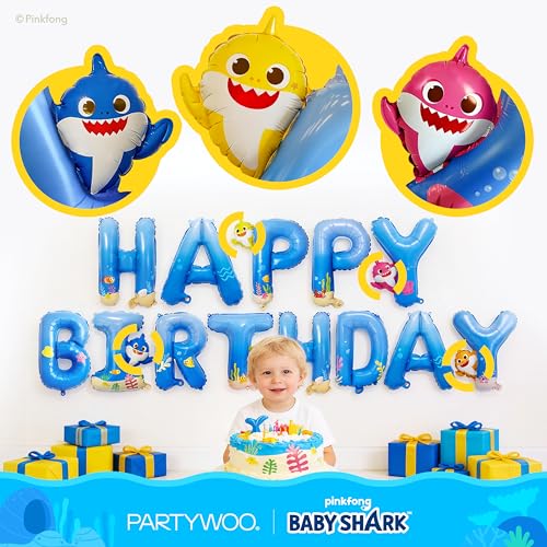 Image of PartyWoo Baby Shark Family Foil Balloons 37pcs Baby Shark Family Blue Round Star Mylar Happy Birthday Letter Balloons for Boys and Girls Under the Sea Kids Birthday Party Decorations