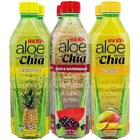Iberia Aloe Vera Drink with Aloe Pulp and Chia Seeds 16.9 Ounce (Pack of 6) 2 X Watermelon & Acai, 2 x Mango, 2 x Pineapple Cover