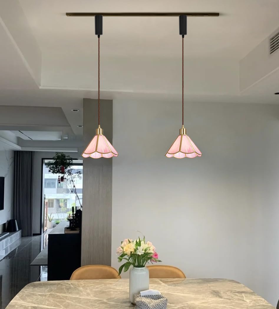 ANYE J-Type Pink Glass Track Lighting E26 Base 3.2 Feet Light Brown Cord Adjustable Pendant Art Deco Style for Kitchen Restaurant(No Bulb, Track)