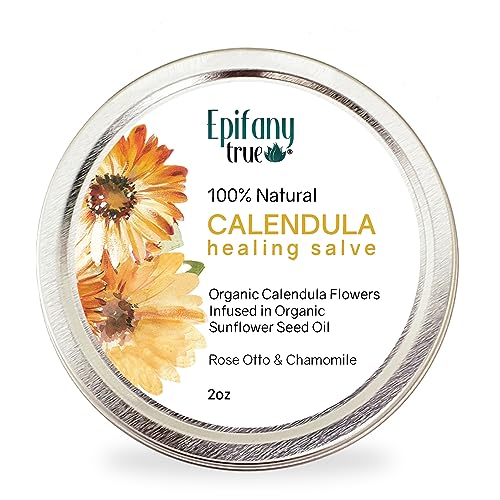 Epifany True 100% Natural Calendula Salve 2oz | Dry Skin Soothing Balm Eczema Cream Rashes Bruises Bug Bite Itch Relief | Organic Calendula Organic Beeswax