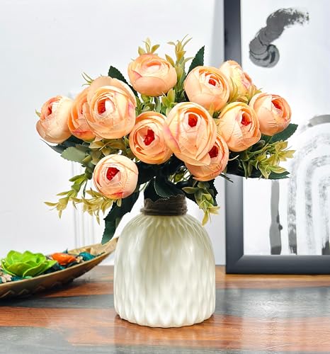 Image of Dekorly Artificial Peony Flowers Bunch | White Vase with Flowers Bunch | Artificial Plants for Home Office Hotel Decor | Bedroom Living Room Bathroom Decor (Cream, Height : 30CM)