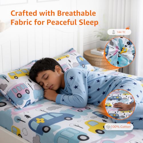 Image of Amazon Basics - 100% Cotton Kids Bedsheet | 144TC |Fitted Queen Bed Sheet with 2 Pillow Cover|Soft Cotton | Cartoon Print | 78 Inch x 60 Inch - 8 Inch Drop, Car Themed Queen Bedsheet