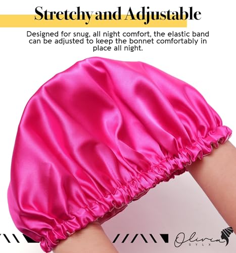 Olivia Sylx - Satin & Silk Bonnet - Sleep Cap & Kids Hair Cover for Girls, Adjustable (Hot Pink/Light Pink, 4-8 Years)4
