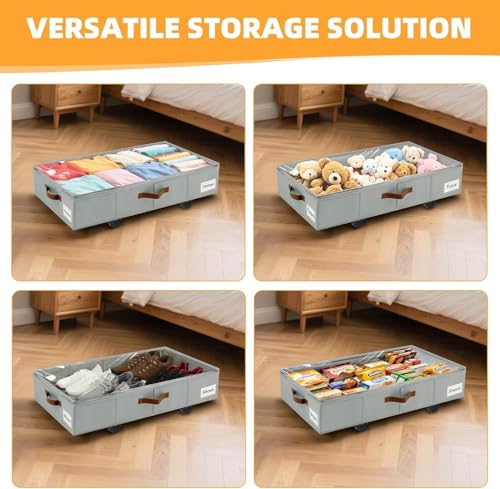 Image of Under Bed Storage with Wheels,Underbed Storage with Sturdy Sidewalls /Bottom, Clear Cover, Label and PU Handle, Rolling Under Bed Drawers for Clothes, Shoes, 6.5 Inch Height,Grey, 4 Pack