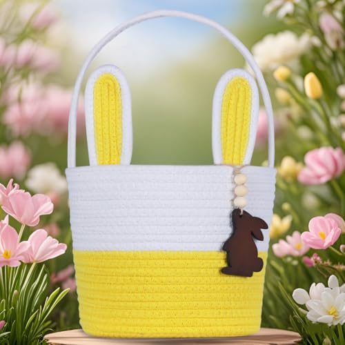 Image of Easter Basket, Empty Easter Baskets for Kids Boys Girls with Bunny Tag Egg Basket Eater Gifts Basket Toddler Teens Babys First Easter Basket with Handle Yellow