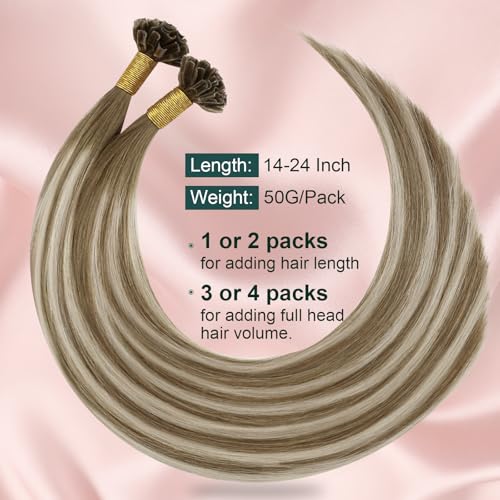 Image of Easyouth 20 Inch Brown U Tip Hair Extensions Ombre, Utip Hair Extensions Human Hair Balayage, 50G 50S, Medium Brown Fading to Platinum Blonde Mix Brown, Ktip Hair Extension, for Various Occasions