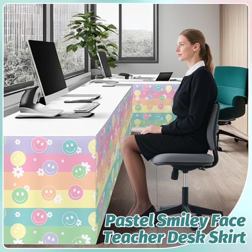 Image of 9FT Pastel Smiley Face Table Skirt Daisy Teacher Desk Skirt for Colorful Classroom Decor Rectangle Table Cloth Rainbow Tablecover for Back to School Party Decorations Home Office Bookcase Cabinet