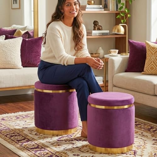Image of AHAMNA Decorative Ottoman Pouffes for Sitting - Two-Piece Set of Puffy Stools and Footstools - Round Ottoman Stool for Living Room Furniture (Purple)