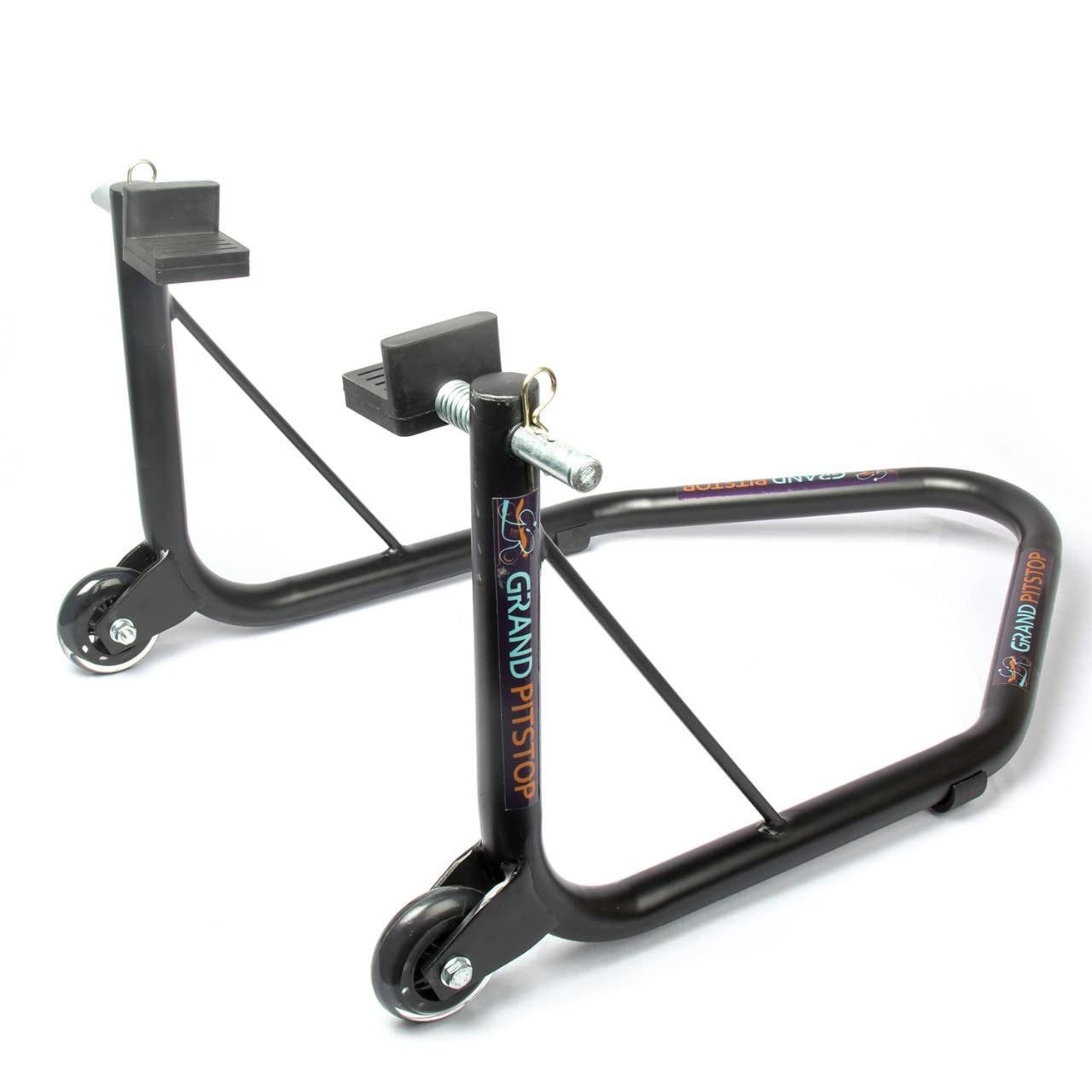 Grand Pitstop Rear Paddock Stand with Swing Arm Rest (Non Dismantable with Skate Wheels, Black)