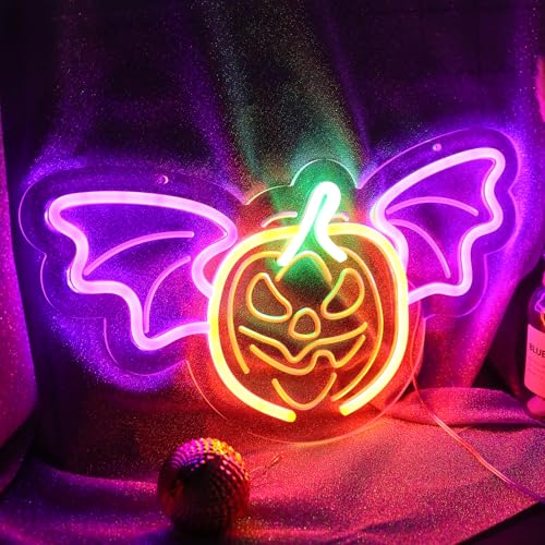 Image of ENUOLI Halloween Neon Sign Pumpkin Bat Neon Signs for Wall LED Lights Sign for Bedroom Dimmable LED Sign Neon Wall Light for Halloween Party Decoration Bedroom Bar Shops