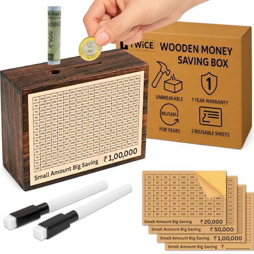 Image of Unbreakable Wooden Money Saving Box for Adults - 1 Lakh Capacity | Reusable Piggy Bank | Money Bank with Amount 100000 | One Lakh Gullak, Kidddy Bank for Kids, Men, Women, Girls, Boys | 1 Yr Warranty