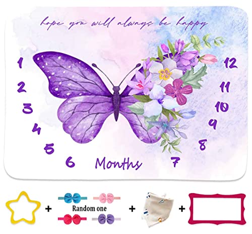 Image of VIDMOT Baby Nursery Decor Month Blanket 48x40in Butterfly Milestone Blanket Soft Plush Baby Memory Monthly Blanket Newborn Growth Chart Photography Props with Frame Bib Headband BTXTVV28