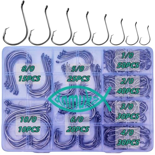 Circle Hooks Fishing Hooks 2X Strong 170PCS/Box|220PCS/Box Octopus Catfish Fish Bulk Fishing Hooks Set Saltwater Freshwater Gear Equipment#1 1/0 2/0 3/0 4/0 5/0 6/0 8/0 10/0(BLACK-220PCS-Bigger)