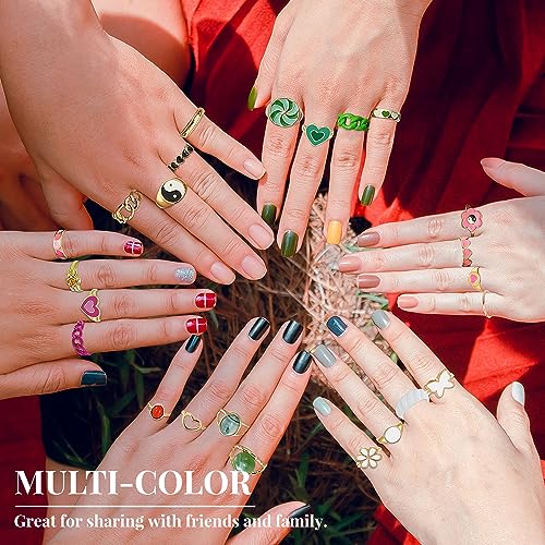 Kiss Wife Cute Rings Aesthetic Rings For Girls Women Y2K Preppy Jewelry Gold Stackable Joint Finger Rings For Teen Girls Smiley Face Butterfly Flower Rings Pack Gift For Her (64-Piece Set) #TOP6