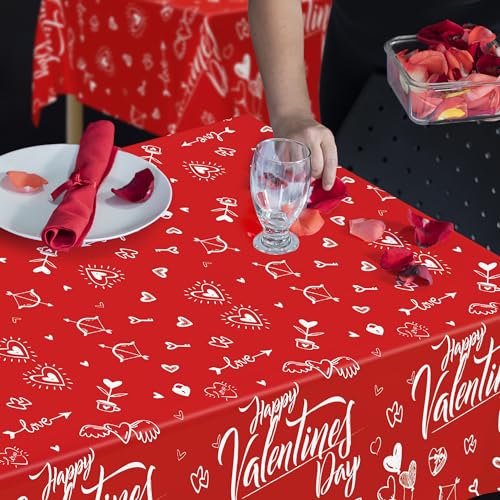 Image of QZYL 4 PCS Valentines Plastic Tablecloths, 54 inch X 108 inch Love Heart-Shaped Tablecloths, Disposable Red Valentines Decorations, Rectangle Romantic Galentines Party Favors for Wedding Anniversary Supplies