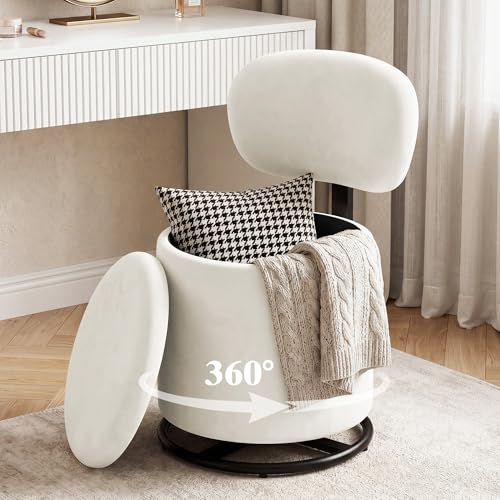 LIVELYGLOW White Velvet Swivel Vanity Chair with Storage Makeup Stool