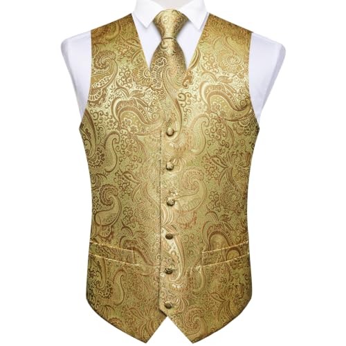 Image of DiBanGu Mens Vest and Tie Set Formal Paisley Waistcoat and Necktie Pocket Square Cufflinks Silk Suit Vest for Tuxedo Wedding