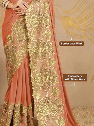 Image of TRENDMALLS Women's Lycra Embroidery With Stone Work Saree with Unstitched Blouse