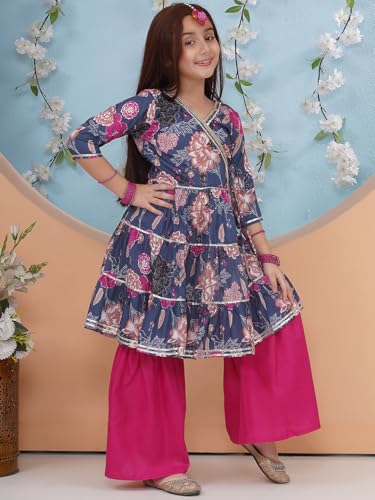 Image of Preneum Girl's Cotton Rayon Floral Printed Angrakha Kurta with Sharara & Dupatta