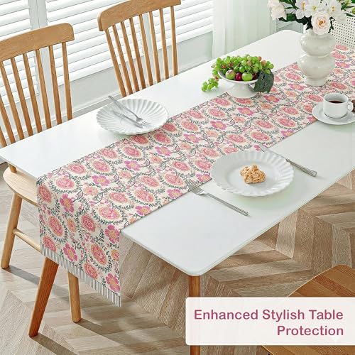 Image of Kuber Industries 13x72 Inch Dining Table Runner for Home Decor | 6 Seater Cotton Table Protecter Use for Kitchen & Buffet Cabinet | Flower Print - White & Pink