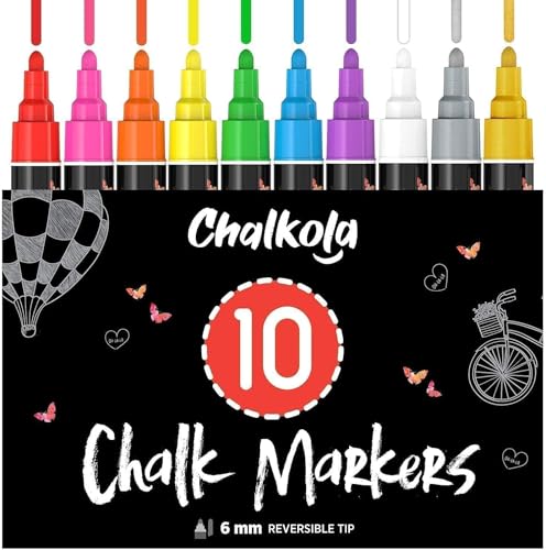Chalkola Set 10 Feutre Craie Liquide Effaçable avec Or et Argent | Pointe Réversible 6mm | Chalk Marker et Peinture Stylo Craie pour Tableau Noir | Effacable Marqueur pour Vitre,Fenetre Verre, Ardoise