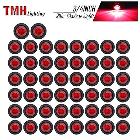 TMH 50 Pcs 3/4 Inch Red Clearance Side Marker Indicator Lights Mini Round Front Rear 3 LED with Rubber for Trailer Truck Bus Car Pickup 12V DC Cover