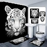 4 Pcs White Tiger Shower Curtain Sets with Non-Slip Rug, Bathroom Decor Sets Shower Curtain Toilet Mat Lid with 12 Hooks,Animal Print Bathroom Set Polyester Shower Curtain Set ,71' x 71'