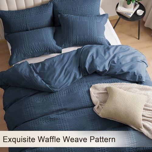PHF 100% Cotton Waffle Duvet Cover Queen Size, 3 Pieces Soft Breathable Duvet Cover Set for All Season, Pre-Washed Decorative Textured Comforter Cover with 2 Pillow Shams, 90"x92", Navy Blue by PHF - Image 4