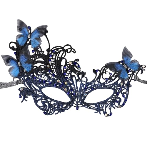 TAXTYHRE Mascara de Encaje, Mascara Carnaval Encaje, Máscaras de Ojos Venecianas Mujer, con Pedrería de Mariposa, Máscaras de Disfraces para Halloween Carnaval Mascarada Cosplay - Azul