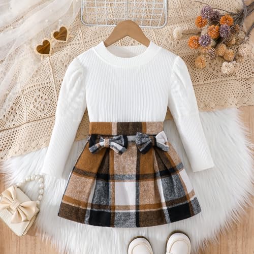 Image of Noubeau Toddler Girls Plaid Outfits Girls Puff Sleeve Knit Ribbed Shirt Tops Plaid Skirt Set Kids Fall Winter Clothes