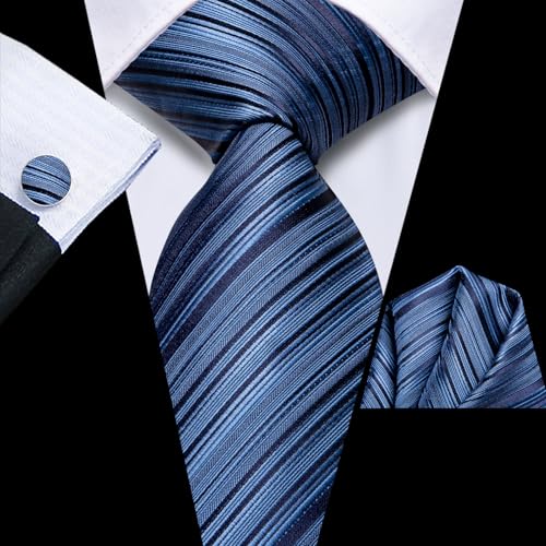 Image of Hi-Tie Men Silk Ties Set with Flower Lapel Pin Necktie Pocket Square Cufflinks for Tuxedo Wedding Business