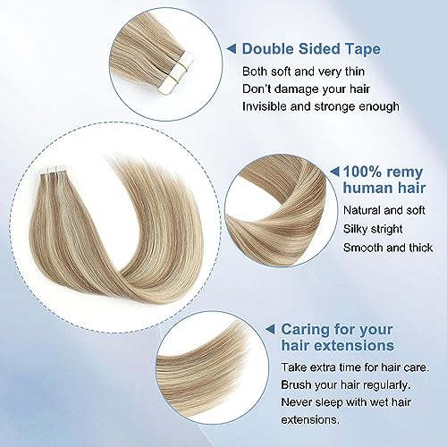 Image of Sixstarhair Invisible Tape In Hair Extensions Real Human Hair Light Brown Highlights with Ash Blonde Remy Tape Hair Extensions for Woman 20 Pieces 50g[Color #P8-60 16 inch]