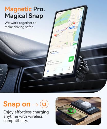 Image of CANSHN Strong Magnetic & Seamless Stand Designed for Samsung Galaxy S24 Ultra Case [Full Camera Protection] [Adjustable Kickstand] [Compatible with MagSafe] Translucent Matte Phone Cover - Black