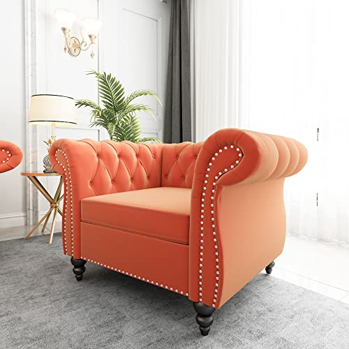 Image of QHITTY Accent Chair, Chesterfield Chair Modern Velvet Upholstered Chairs with Tufted Back for Living Room Furniture (Orange)