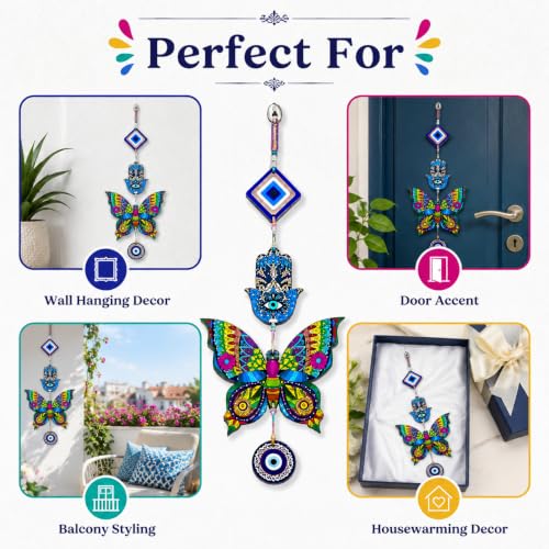 Image of Religious Door Hanging Decor with Pearl Beads & Tassel, Wooden Wall Hanging for Home Temple, Pooja Room, Entrance, Mandir Decoration & Spiritual Gift, Multicolor Butterfly