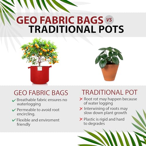 Image of Geo Fabric Grow Bags for Plants 18X15 Inch (Pack of 5) | 400 GSM Heavy Duty UV-Protected Round Maroon Colour Plant Bags for Terrace and Vegetable Gardening | Strong & Reusable|