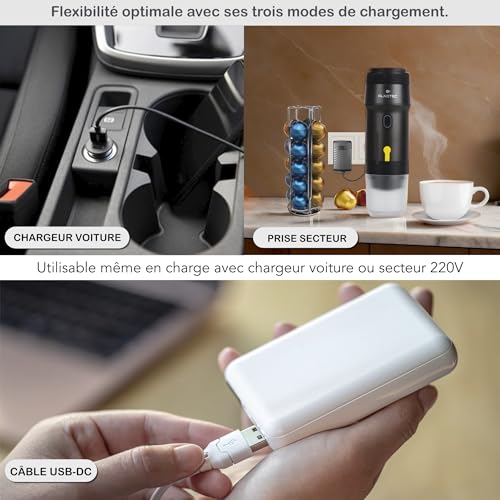 Expresso Machine à Café Portable Electrique Auto Chauffante, 20BAR - 3 EN 1 Compatible Capsules NES, DG et Café Moulu - Chargeurs 220V, USB et Voiture - Rechargeable. (NOIR) – Image 5