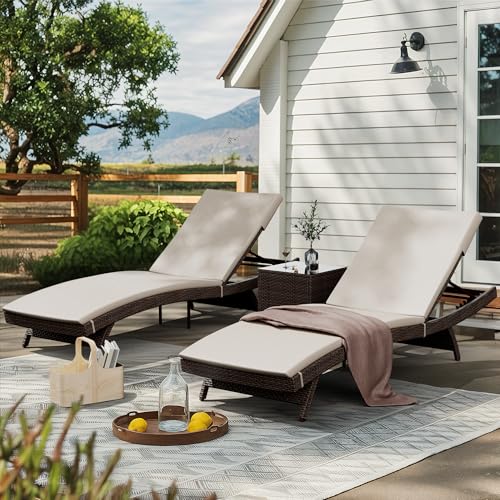 Pamapic Patio Chaise Lounge Set 3 Pieces with Adjustable Backrest and Removable Cushion, Outdoor...