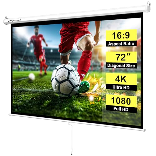 Image of VIVOHOME 72 Inch 16:9 Pull Down Projector Screen, White | Manual Retractable 4K Projection Screen for Home Theater, Roll Up ALR Movie Screen for Ceiling and Wall Mount