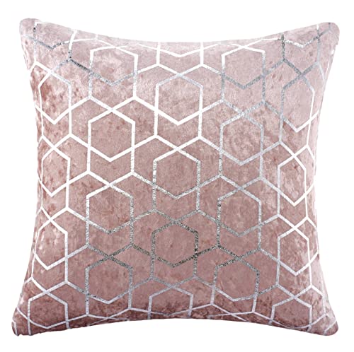 Red Rainbow Geometric Metallic Hexagon Luxury Crushed Velvet Cushion Cover (Pink & Silver, 18" x 18")