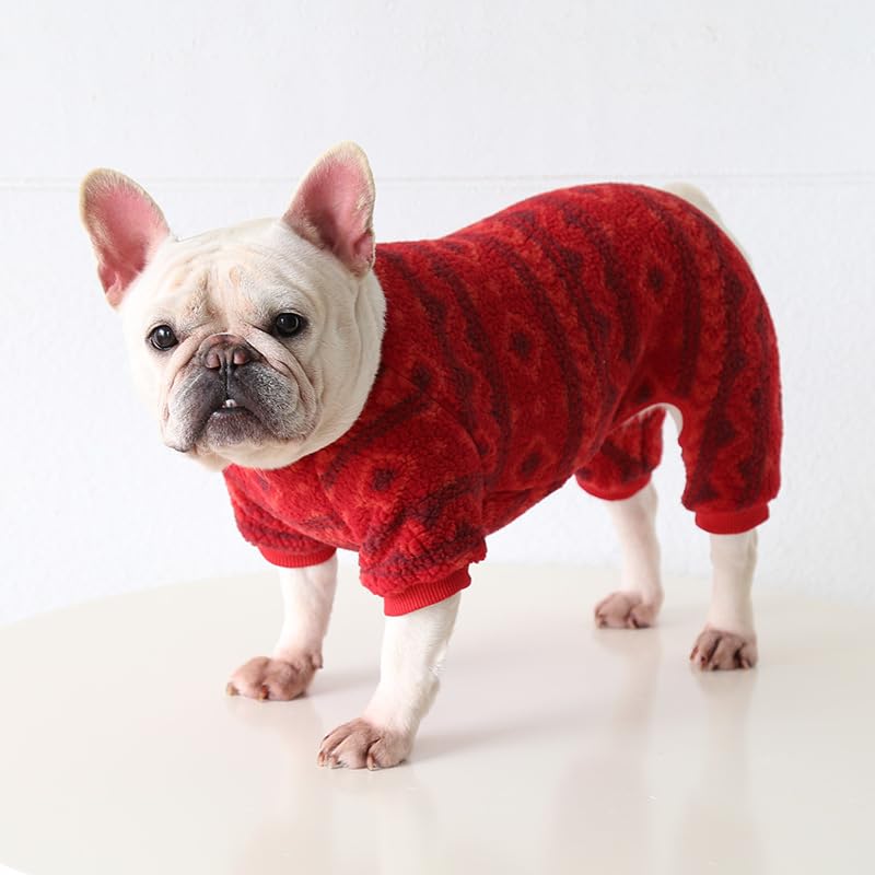 BT Bear Dog Pajamas Soft Warm Fleece Jumpsuit Cute Pet Clothes Onesies Costume for Puppy Small Medium Dogs Pug French bulldog (Red Pattern - Image 4