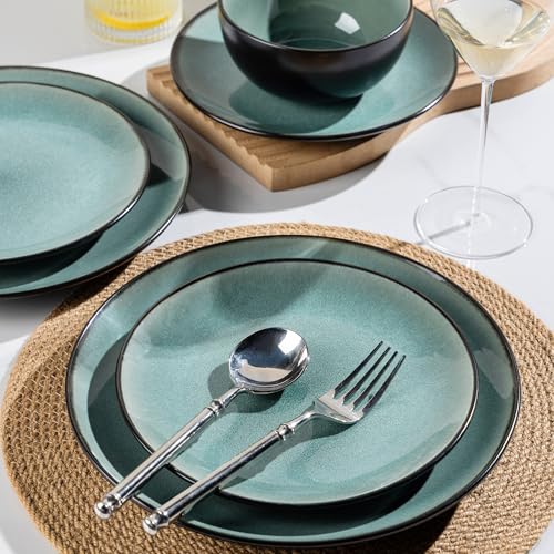 GBhome Steingut Geschirrset 6 Personen, 18-tlg Reaktive Glasur Handarbeit Steingut Geschirr Set, Mikrowellen- & Spülmaschinenfest Schüssel- und Teller Set,Petrol