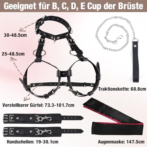 BDSM Sex Bondage Brustfesseln Set Ehepaar Sexspielzeug Einstellbare Bondage-Ausrüstung mit Brüste Sexy Geschirr Handschellen Augenbinde Halskragen Traktionskette für Frauen Paare (Schwarz und Rot)