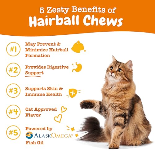 Zesty Paws Hairball Treats for Cats - Hairball Relief for Cats Supplement - AlaskOmega Omega 3 Fish Oil with EPA & DHA + Zinc, Biotin & Psyllium - Supports Gut & Skin Health - Bacon Flavour - 60 Count - Image 3